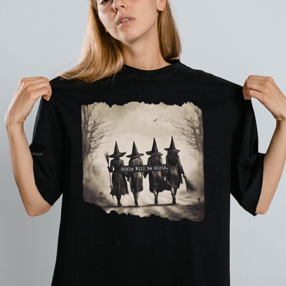 Girls Will Be Girls Witch Graphic Halloween Fan Unisex T-Shirt